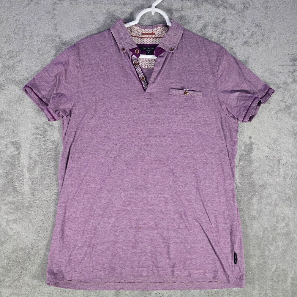 Ted Baker London Polo Shirt Womens 4 Half Button Up Short Sleeves Purple Striped